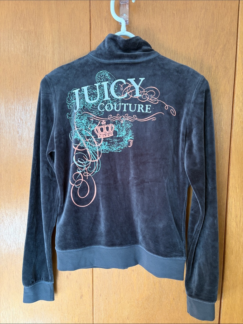 Juicy Couture Charcoal Velour Logo Track Jacket with Mint & Coral Accents